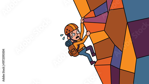 Cartoon Climber Struggling on Colorful Geometric Rock Wall: Fear, Challenge, Adventure Illustration