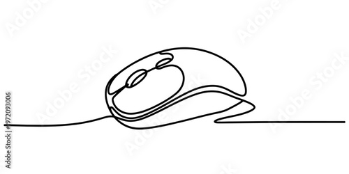 A minimalist single continuous line drawing of a computer mouse on a solid white background area. Vector, illustration