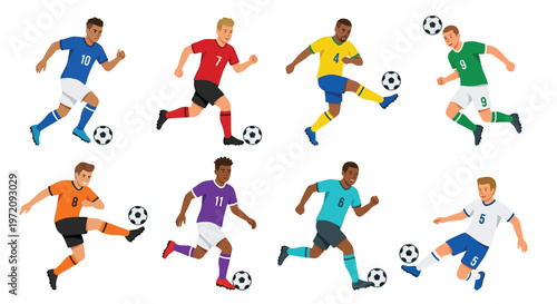 Diverse group of soccer players in action illustrated in a cartoon style