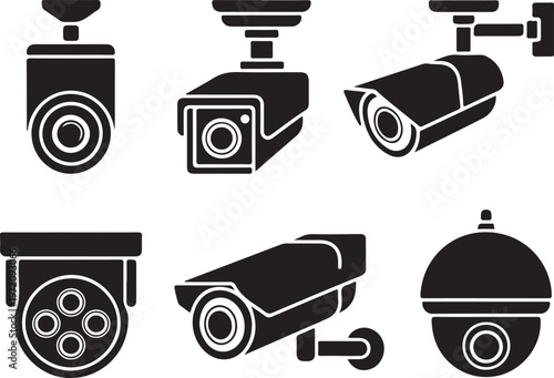 Variety of security camera types illustrated in black and white icons
