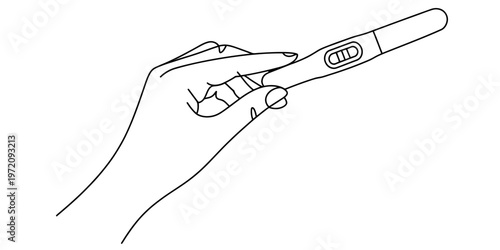 A simple black and white line drawing of a human hand holding a positive home pregnancy test kit. Vector, illustration