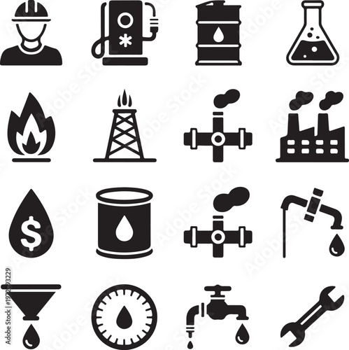 Icon collection representing various aspects of oil and gas industry operations