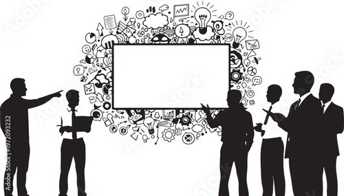 Business team presenting ideas with blank whiteboard and doodles