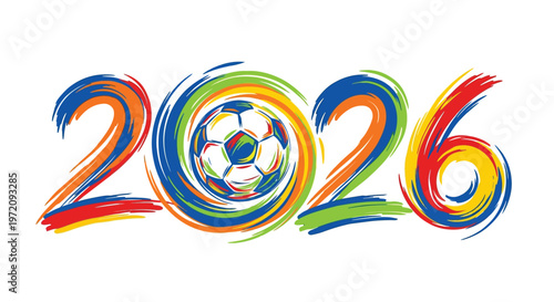 Colorful brushstroke design featuring a soccer ball and the year 2026