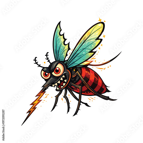 Cartoon illustration of fierce mosquito with red eyes sharp teeth striped body blue wings lightning proboscis danger