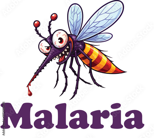   
Cartoon illustration of mosquito with large eyes striped abdomen dripping proboscis purple body blue wings Malaria text
