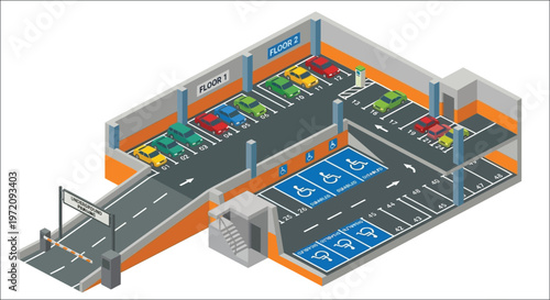 Isometric illustration of a multi level parking garage with vehicles