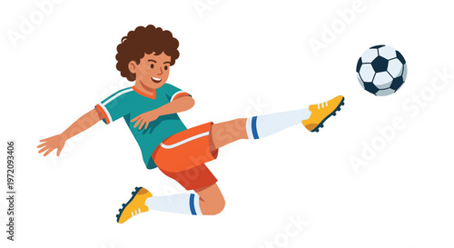 Young boy enthusiastically kicking a soccer ball during a game