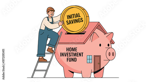 Man saving initial funds for home investment, depositing money into house-shaped piggy bank. Real estate savings concept.
