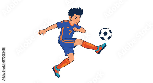 Cartoon illustration of a boy kicking a soccer ball during a game