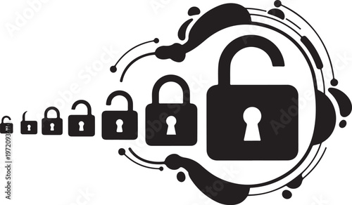 Security concept with multiple padlocks and keyholes in black