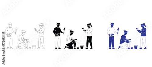  Group of People Potting Plants and Gardening Vector Illustration in Outline, Silhouette, and Dual Tone Styles