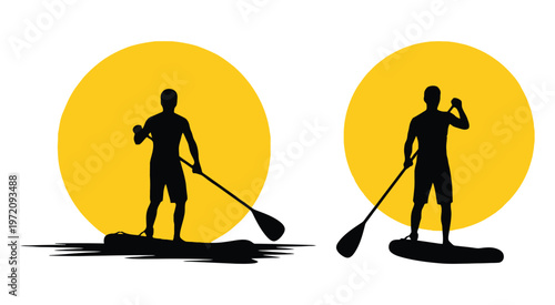 Silhouette Stand Up Paddle Yoga Fitness Illustration