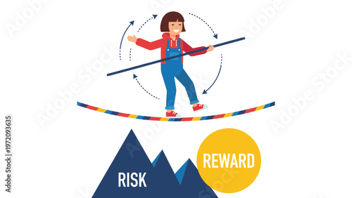 Child on tightrope balancing risk and reward. Business, investment, and decision-making concept illustration.