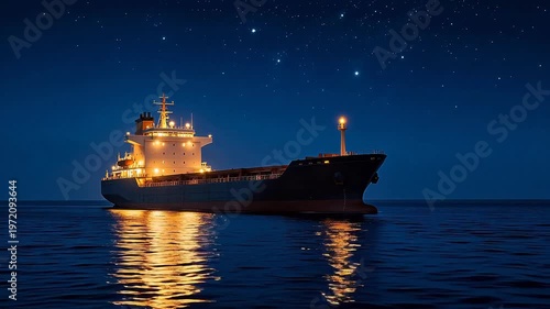 Large cargo ship sailing at night under starry sky, illuminated bridge reflecting on calm sea — maritime transport, logistics, and oceanic journey concept