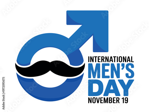 A logo for International Men's Day on November 19 with a blue male symbol and black mustache