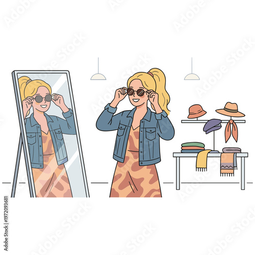 Woman tries on sunglasses in front of mirror with fashion accessories