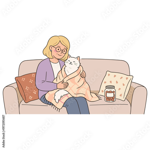 Woman sitting on a couch cuddling a white cat with a blanket
