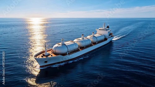 Large LNG carrier sailing on open ocean at golden hour, reflecting sunlight on calm blue sea — modern maritime transport and energy logistics