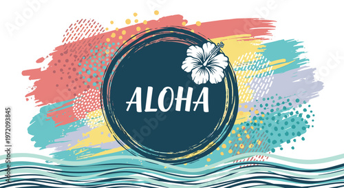 Colorful aloha summer background with abstract brush strokes a white hibiscus flower and wavy sea patterns for tropical themes.