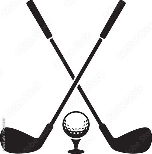 Two crossed golf clubs with a golf ball on a tee