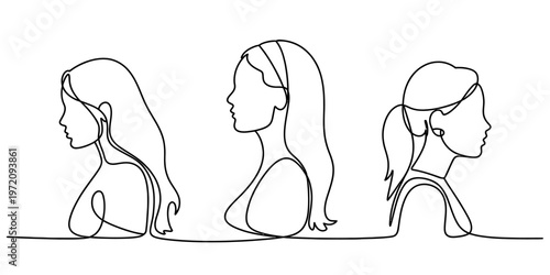 Minimalist continuous line art illustration depicting three diverse female side profile portraits Vector, illustration