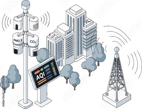 Smart City Air Quality Monitoring System Isometric Illustration. IoT Sensors for AQI, CO2, and PM2.5 Pollution Tracking with Telecommunication Tower.