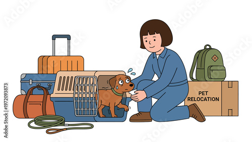 Owner comforting anxious dog by travel carrier and luggage for pet relocation. Moving with a pet journey illustration.