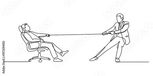 Continuous line drawing of a businessman sitting in a chair and pulling a rope against another man Vector, illustration