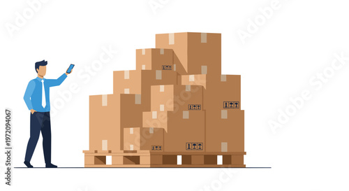 Professional man using a smartphone to manage inventory near a large stack of cardboard boxes on a pallet in a warehouse setting.