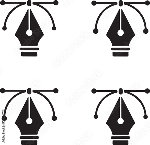Four stylized illustrations of fountain pens with varying nib designs.