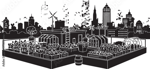Black and white cityscape with garden and people illustration