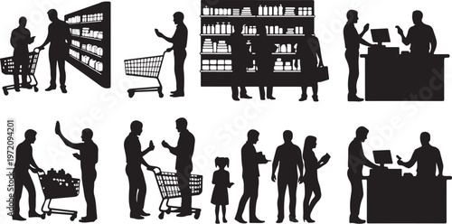 Silhouettes of people shopping at a supermarket store