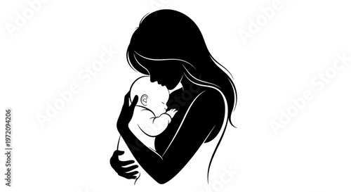 A tender black silhouette of a mother gently cradling her newborn baby in a loving embrace, symbolizing maternal bond and care, happy mother's day.