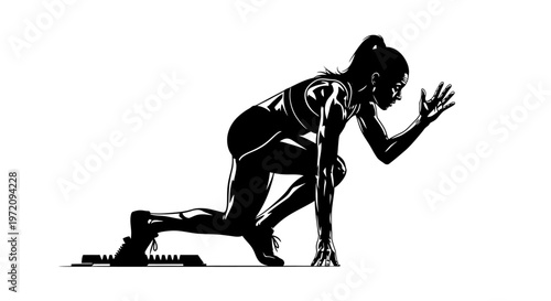 Dynamic black and white silhouette of a female sprinter in starting blocks, poised for an explosive race start.