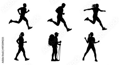 Silhouettes of people engaged in various outdoor sports and leisure activities like running, jumping, walking, and hiking.