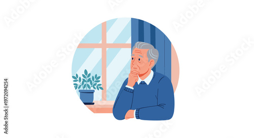 A pensive grey-haired senior man rests his chin on his hand while gazing out a window next to a lush green potted plant within a circular frame design.