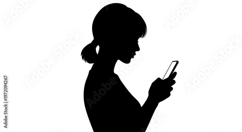 A silhouette of a woman looking down at her smartphone against a white background.