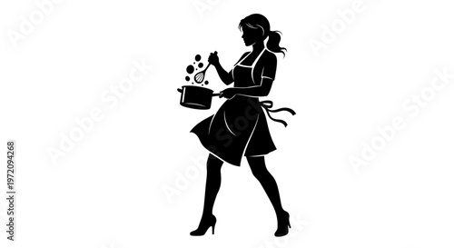 Black silhouette of a woman in an apron and high heels, stirring a bubbling pot with a spoon, depicting cooking or culinary activity.