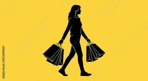 Silhouette of a woman walking with multiple shopping bags on a vibrant yellow background, depicting consumerism and retail activity.