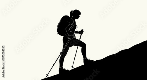 Silhouette of a female hiker with a backpack and trekking poles ascending a steep hill, illustrating outdoor adventure and challenging terrain.