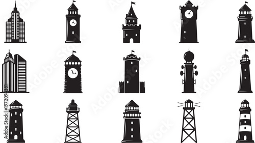Collection of various clock towers and lighthouses in silhouette