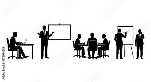 Silhouettes of business professionals engaged in various work activities, including presentations, meetings, and individual work at a desk.