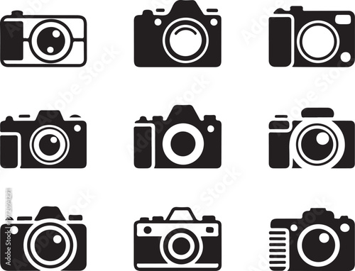Nine distinct styles of classic film cameras in black and white icons