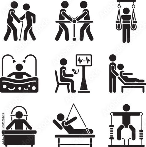 Various physiotherapy and rehabilitation exercises and treatments illustrated