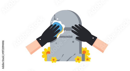Two hands wearing protective black gloves use a vibrant blue sponge to carefully scrub a weathered grey headstone surrounded by bright yellow spring flowers.
