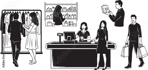 Shopping Experience with Customers and Sales Associates Illustration