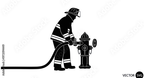 Firefighter connecting hose to hydrant silhouette, emergency service, water supply