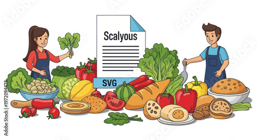 Healthy Food Variety with People and Document Icon - Vector Illustration
