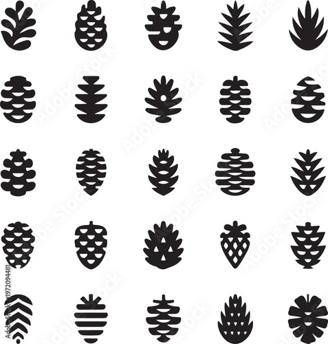 Diverse collection of stylized pine cones and leaf patterns in black and white
